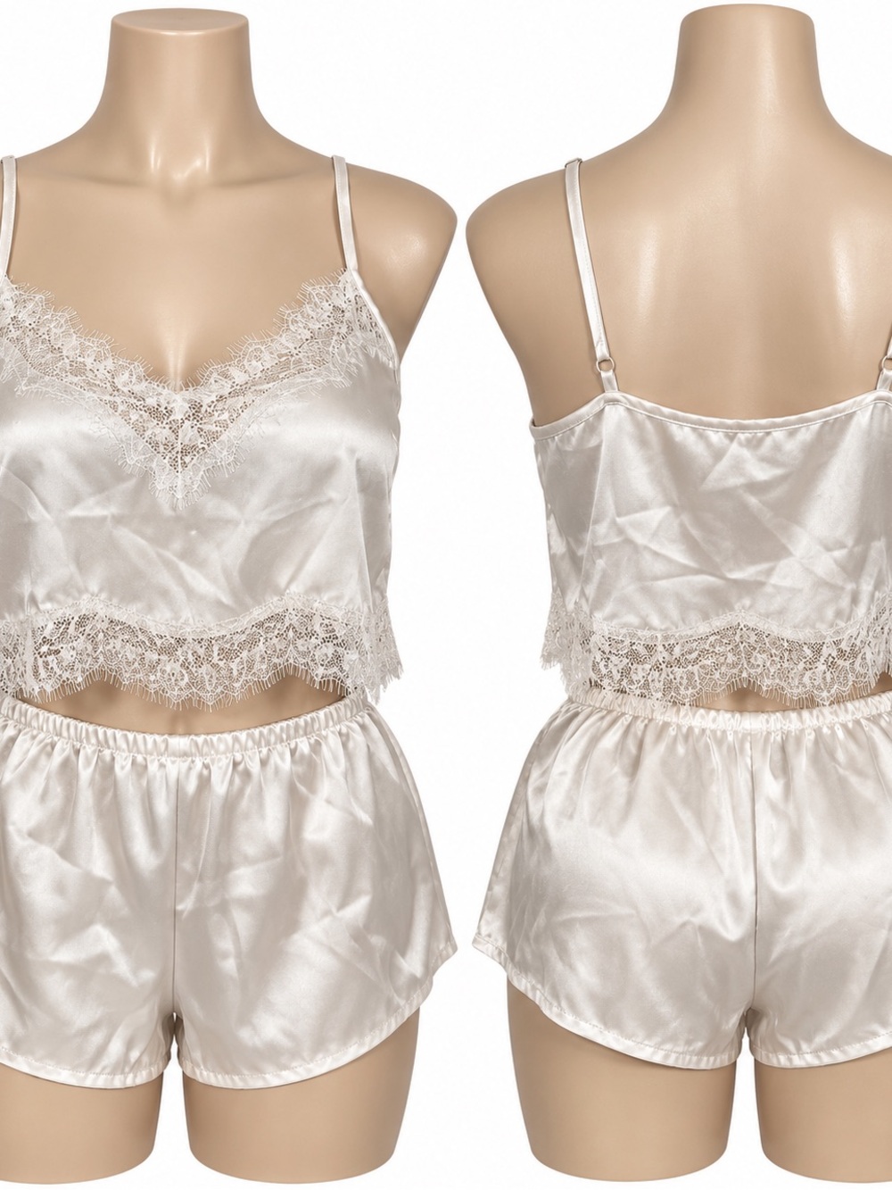 Victoria's Secret Cream Satin Lace-Trim Cami & Shorts Pajama Set